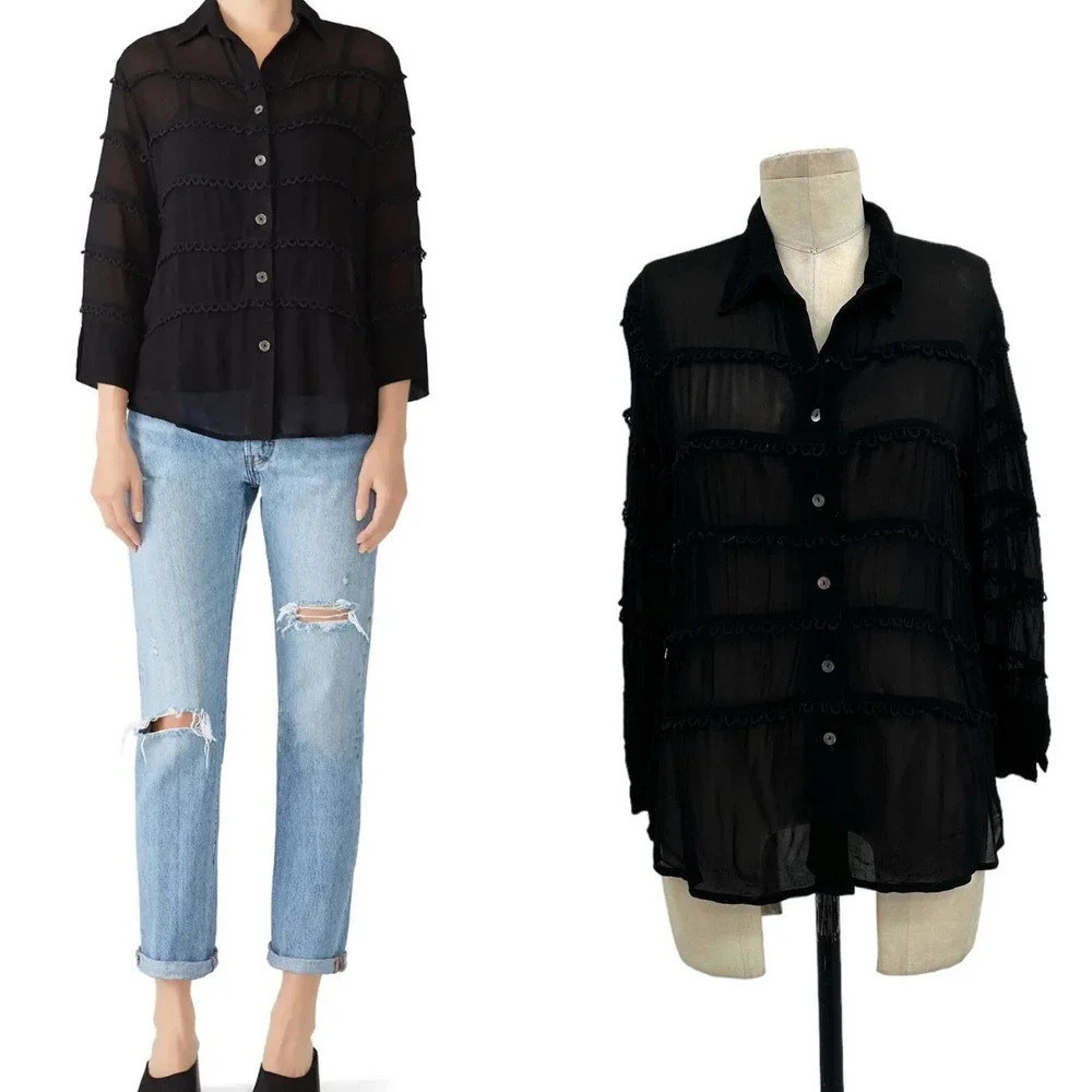 Cleobella Autumn Sheer Blouse Black Button Down Size Small
